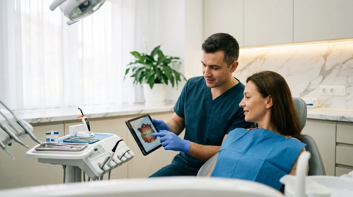 Dentist showing a patient her dental images on a tablet