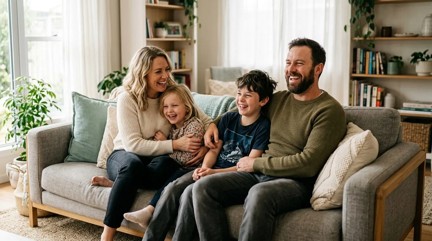 A family of four smiling together on a sofa