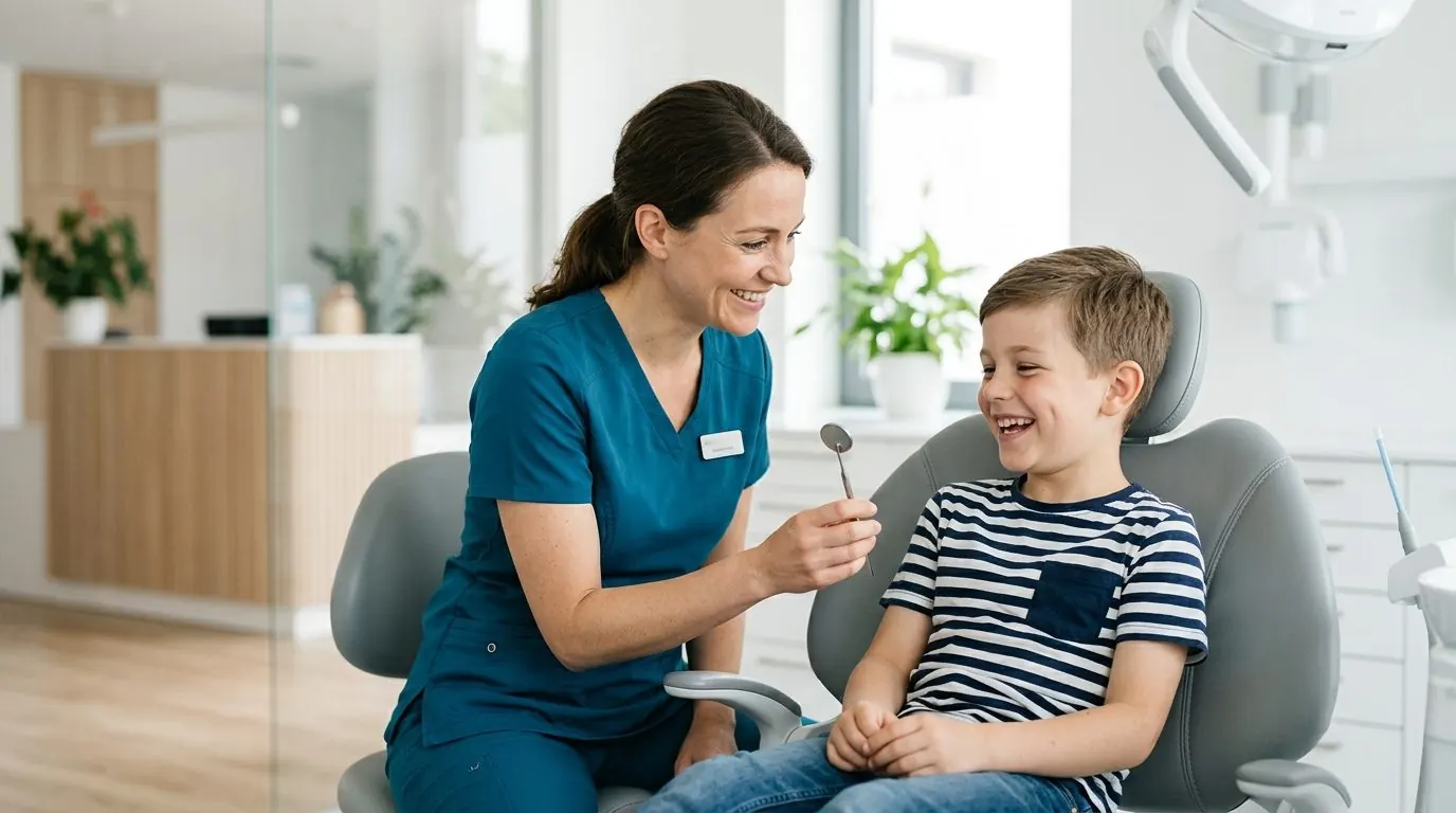 Dental hygienist chatting with a smiling child in the treatment chair