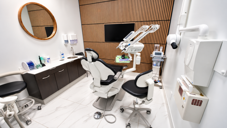 Treatment room with a modern dental chair